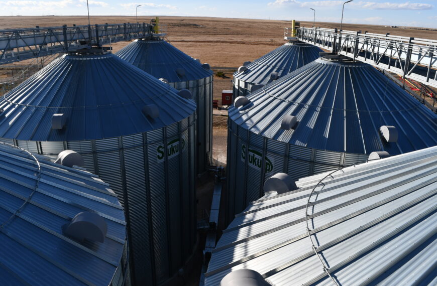 a birds-eye view of farm silos