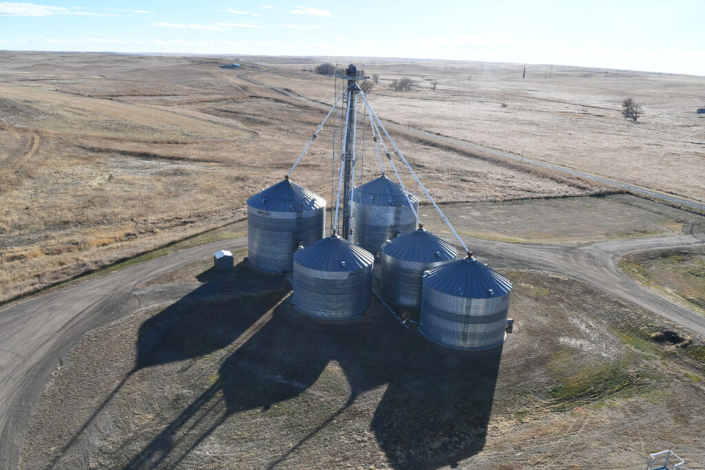 An arial photo of farm silos.