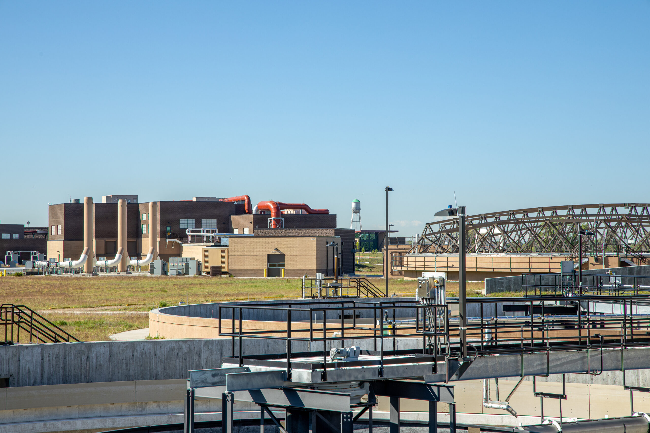 A view of the Northern Treatment Facility with Clarifiers and Facility buildings.