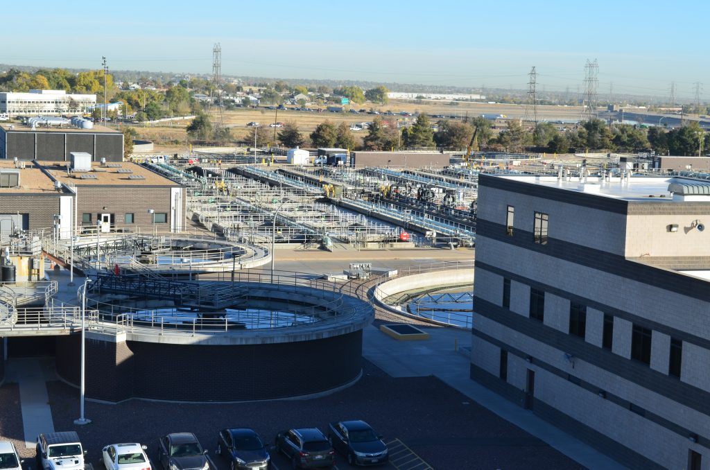 An aerial View of Metro's HITE facility showing clarifiers and aeration basins