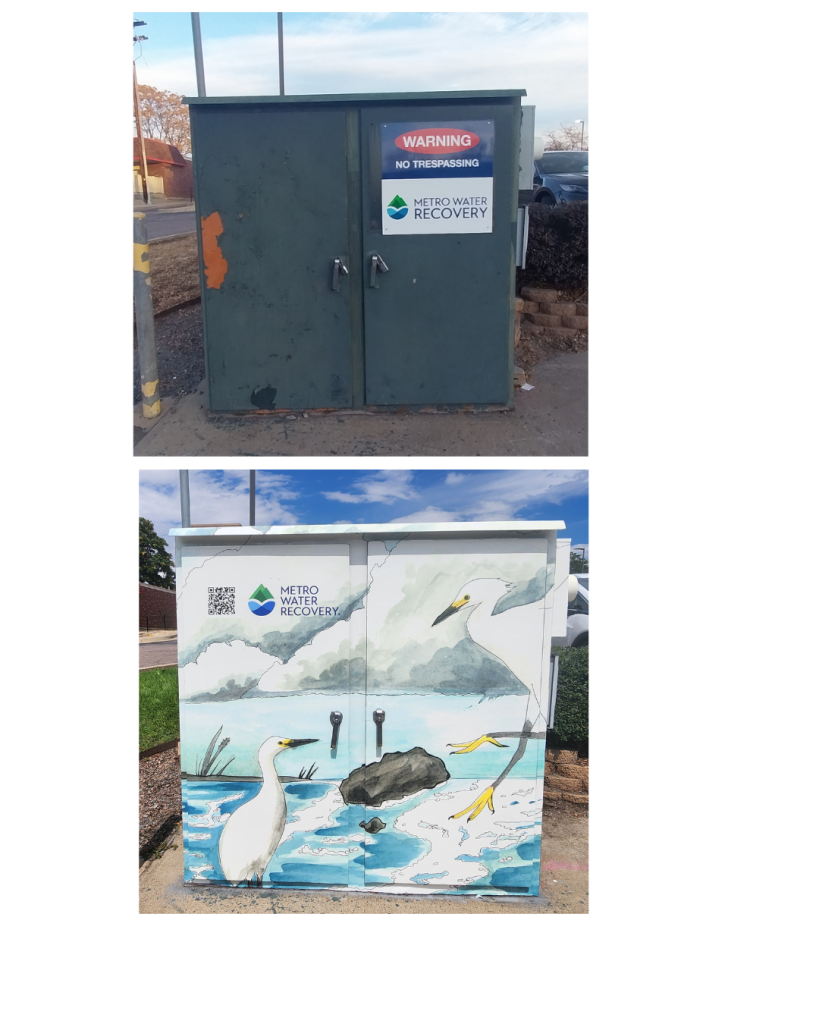 Before and after refresh of vinyl wrap. A old box with corrosion now has a waterland scenic image of cranes in the water.